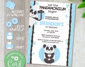May include: A blue and white panda-themed first birthday party invitation with the text "Let the Pandamonium begin!" and "Brandon's 1st Birthday". The invitation includes a panda bear holding a gift, a panda bear sitting down, and bamboo stalks.
