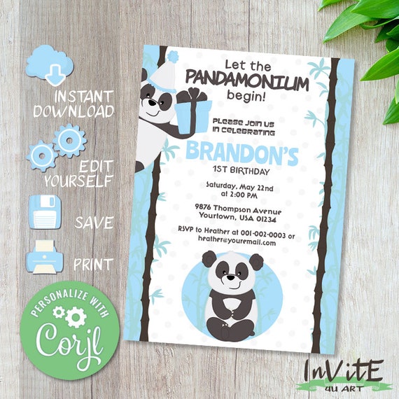 Editable PANDA Bear Invitation Free CORJL Demo Boy Invite Etsy