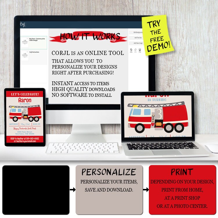 Fire Rescue Invitations Editable FIRE ENGINE Birthday Invitation, Free CORJL Demo, Boy Birthday ...