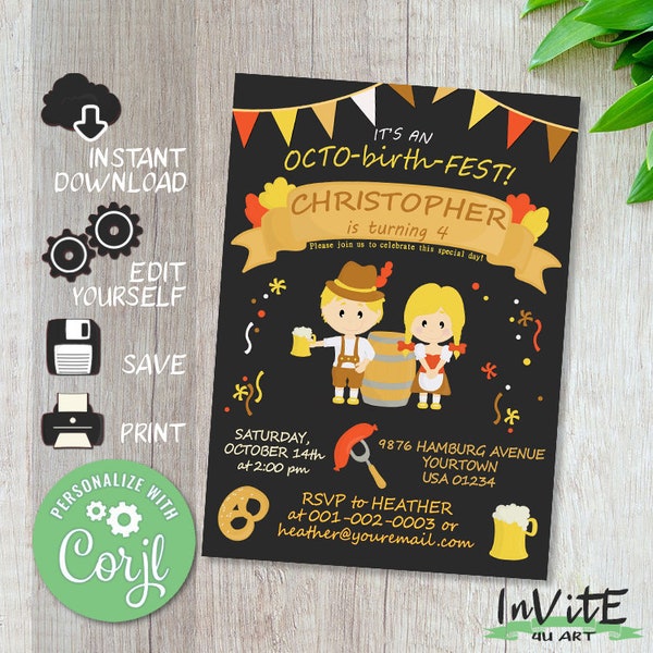 Editable OCTOBERFEST birthday party invitation, Free CORJL DEMO, Bavarian invite, Autumn party, German party - any and event