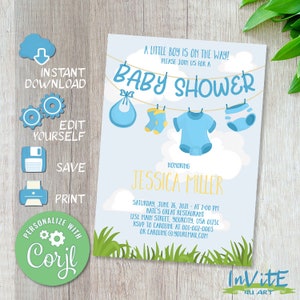 Editable BABY SHOWER invitation, Free CORJL demo, Invite, It&#39;s a boy, Boy invitation, Newborn, Blue baby clothes, Clothesline