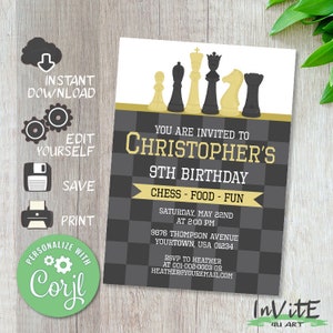 Bewerkbare CHESS verjaardagsuitnodiging, Gratis CORJL demo, Bordspel uitnodigen, Schaak uitnodiging, Schaakstukken, Voor elk en evenement