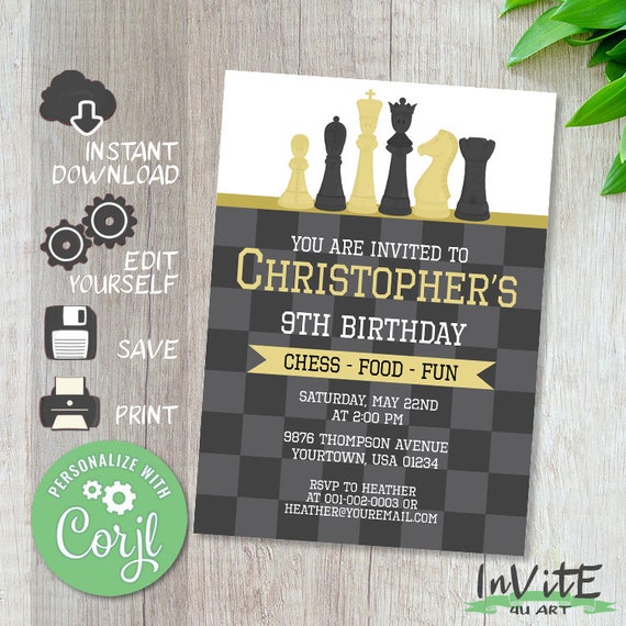 Editable CHESS birthday invitation Free CORJL demo Board Etsy