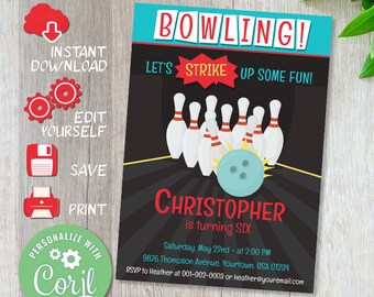 May include: A bowling-themed birthday party invitation for a boy named Christopher turning six. The invitation features a black background with a bowling lane and bowling pins, a blue bowling ball, and red and blue text. The text reads "Bowling! Let's Strike Up Some Fun! Christopher is turning Six. Saturday, May 22nd - at 2:00 PM 9876 Thompson Avenue, Yourtown, USA 01234 RSVP to Heather at 001-002-0003 or heather@youremail.com"