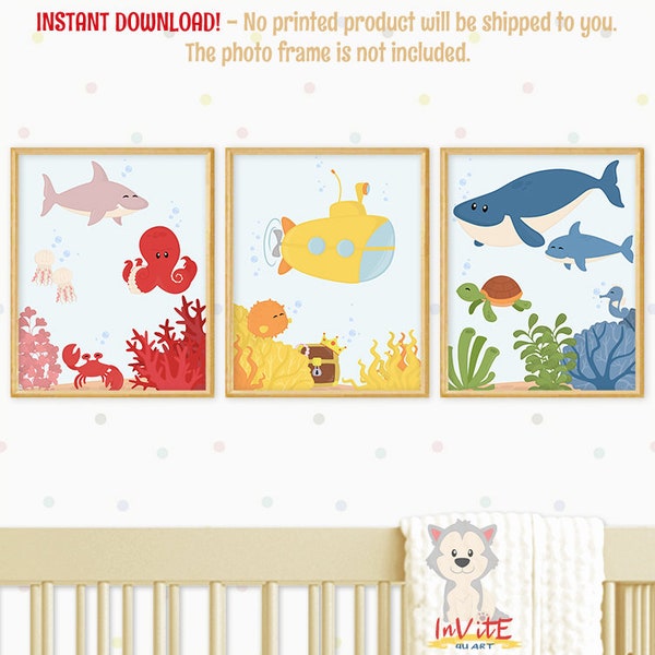 Cute Under the sea nursery prints, INSTANT download, Baby Room decor, Nursery wall print, Set of 3, Baby shower gift, Bathroom art for kids