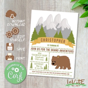 Editable ADVENTURE Birthday Invitation, Any event, Free DEMO with CORJL, Template, Explore, Woodland Boy Birthday, Bear Invite, Instant