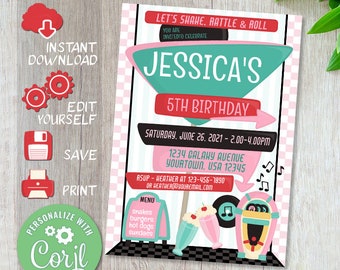 Editable RETRO DINER party invitation for kids, Fifties, Sock hop, 50's, Birthday party invite - Free Corjl Demo, INSTANT