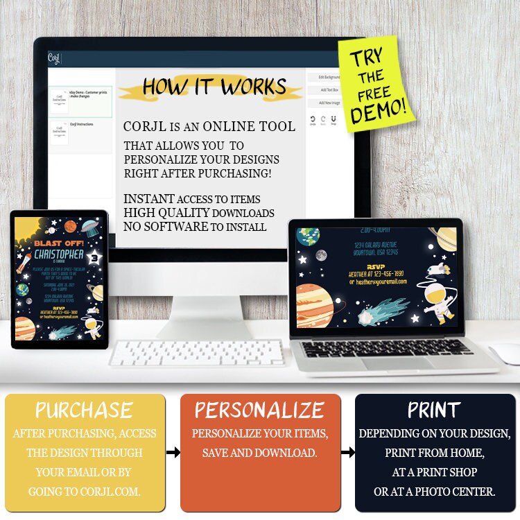 Editable SPACE Birthday Invitation for Kids, CORJL, Free DEMO, Outer ...