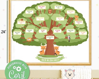 Süße Familienbaum Karte für Kinder, EDITIERBAR online mit Corjl, Familiengeschichte Druck, Familienbaum Vorlage, Kinderzimmer Dekor, Sofortiger Download