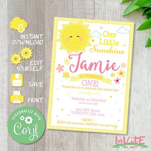 Editable &#39;Our little sunshine&#39; birthday invitation, Free CORJL DEMO, Baby, First birthday, Baby shower invite, Any and event, Edit yourself