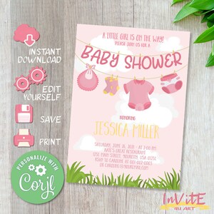 Editable BABY SHOWER invitation, Free CORJL demo, Invite, It&#39;s a girl, Girl invitation, Newborn, Pink baby clothes, Clothesline