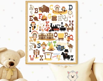 Cute WESTERN alphabet, POSTER, Nursery Prints, Cowboy themed art, Colorful nursery prints for kids, Cowboy ABC, A to Z - Instant download