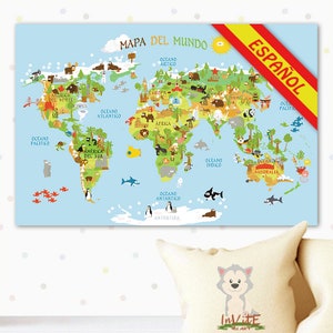 Niedliches druckbares SPANIEN WELTKARTE, Hochauflösendes Poster für Kinder, Mapamundi, Auf Spanisch, Mapa para niños, 135x90 cm und 90x60 cm - Druck