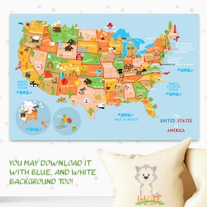 Druckbares USA POSTER, Süßes Baby Geschenk, DRUCK, Kinderzimmer Wand dekor, Klassenzimmer Wandkunst, Kinder Usa Karte, Nordamerika Karte, Digitale Kunst