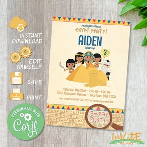 Editable EGYPT birthday invitation for kids, CORJL - Free DEMO, Pharaoh, Pyramid, Birthday, Cute Egyptian party - Instant, Digital file