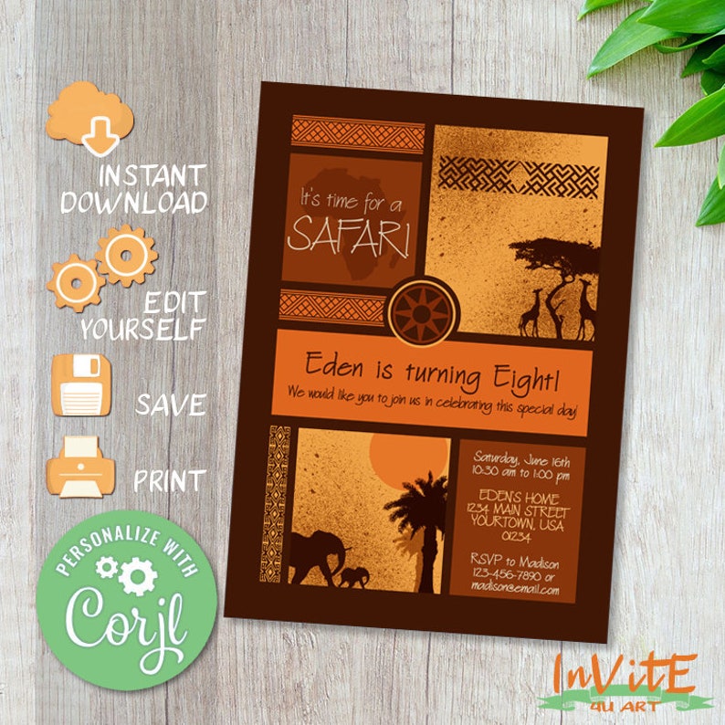 Editable, Vintage AFRICA Birthday Invitation, Free CORJL DEMO, Tribe, Zulu Invite, African