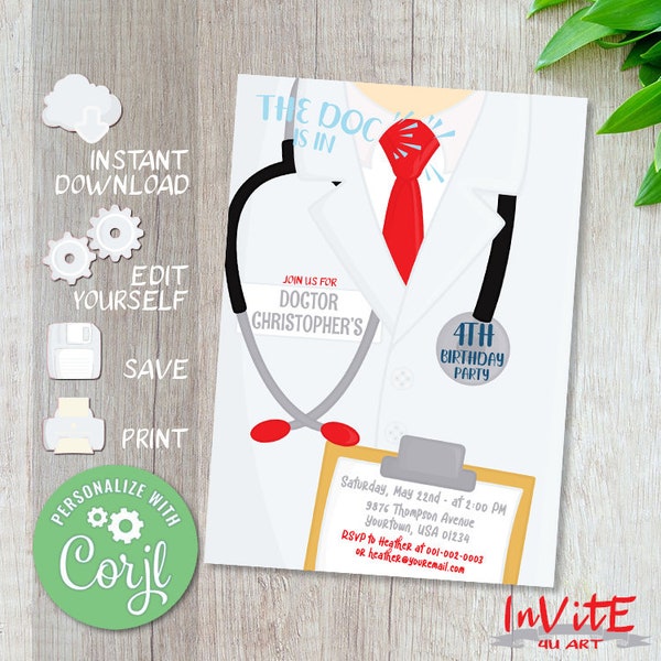 Editable DOCTOR invitation for kids, Medical gown, Birthday party Invitation - Free Corjl DEMO, Medical School Doctor Graduation Invitation