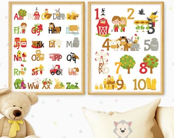 Alfabeto y números de la granja inglesa - Cute WALL DECORS para niños, alfabeto KIDS, impresiones educativas, juego de impresión de guardería - Descarga instantánea