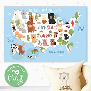 Editierbares USA Poster mit süßen Babytieren, Kostenlose CORJL DEMO, Klassenzimmer Wandkunst, Kinder United States Karte - Wildlife in the United States