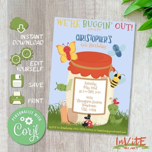 Op de afbeelding: Een blauwe en groene verjaardagsuitnodiging met een pot met insecten en de tekst "We're Buggin' Out!"  Doe mee met ons voor de 4e verjaardag van Christopher.  Zaterdag 22 mei om 14:00 uur, 2020.  9676 Thompson Avenue, Yourtown, USA 1234.  RSVP naar Heather op 001-002-0005 of heather@youremail.com.