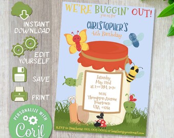 May include: A blue and green birthday invitation with a jar of bugs and the text "We're Buggin' Out!"  Join us for Christopher's 4th Birthday.  Saturday, May 22nd at 2:00 PM, 2020.  9676 Thompson Avenue, Yourtown, USA 1234.  RSVP to Heather at 001-002-0005 or heather@youremail.com.