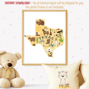 TEXAS STATE, Druckbare Karte für Kinder, Kinderzimmer Wandkunst, Drucke, Home State, SOFORT, Druckbares Poster 20 x 10 cm