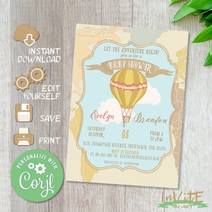 Bewerkbaar, VINTAGE, Heteluchtballon, BABYSHOWER Uitnodiging, Avontuur uitnodigen, Antieke Kaart Uitnodiging, Reizen, Gratis Corjl demo