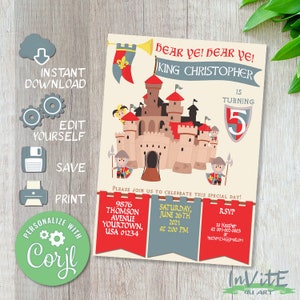 Editable MEDIEVAL birthday invitation, Free CORJL DEMO, Fairy tale, Boy birthday party, Knight invite, King Arthur birthday party, Castle