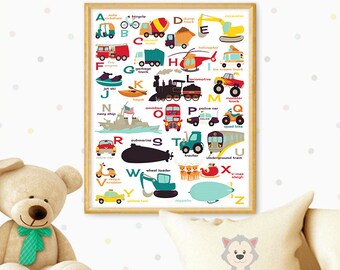 ABC POSTER - Cute Transport Alphabet for boys, PRINT - Instant download, Vehicles, Classroom Decor, Kids Room Decor, Nursery wall art