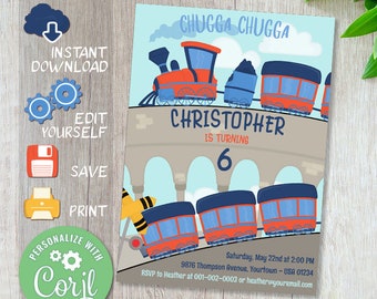 Editable TRAIN birthday invitation, Free CORJL DEMO, Railroad, Train bridge, Viaduct, Tracks, Locomotive, Digital, Printable invite for kids
