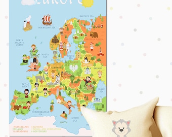 Cute Printable EUROPE MAP for kids - INSTANT poster, High Resolution, Unique baby gift, Nursery wall art, Gender neutral room decor