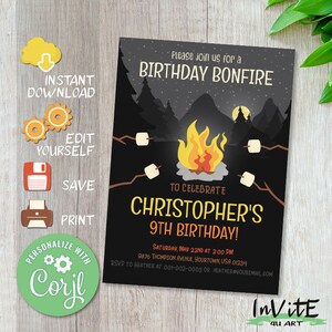 Editable BACKYARD birthday invitation, Free CORJL DEMO, S&#39;mores fun, Bonfire, Marshmallows, Campfire invitation, Fall Harvest Bonfire Invite