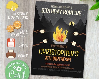 May include: A black and white birthday party invitation with a campfire and marshmallows. The text reads "Please join us for a Birthday Bonfire to celebrate Christopher's 9th Birthday!" Saturday, May 22nd at 2:00 PM. 9876 Thompson Avenue, Yourtown, USA 01234. RSVP to Heather at 001-002-0003 or heather@youremail.com.