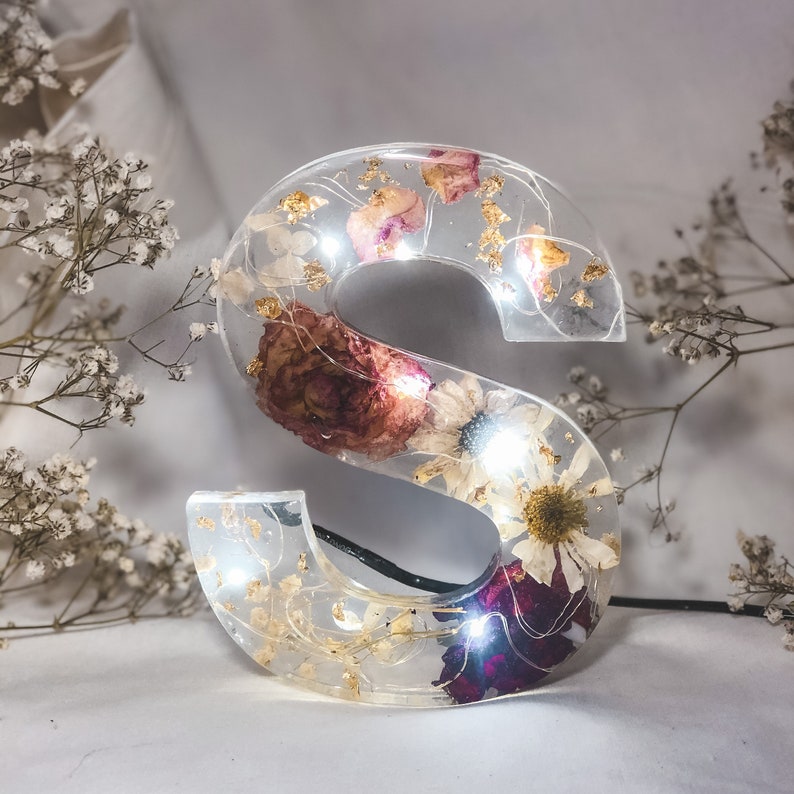 Resin large letter with dried flowers and light / resin light Etsy