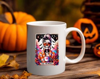 The Mombie Mug – Funny Halloween Mom Coffee Cup, Spooky Skeleton Mama Mug, Tired Mom Gift, Fall Gothic Mug, 15oz Ceramic Coffee Cup [005]