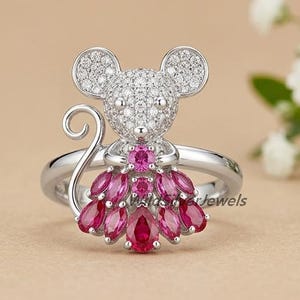 Pink Dress Mouse Silver Ring, Mouse Ballerina Ring, Cute Pink Ruby Round Cut Diamond Ring, Whimsical Mouse Jewelry, Mouse 925 Silver Ring