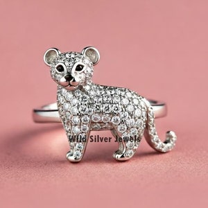 Cute Baby Panther Ring, Vintage Style Animal Inspired Ring, Leopard Ring, Diamond Panther Ring, Wild Cat Dainty Animal Ring, 925 Silver Ring