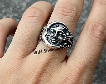 Moon and Star Ring, 925 Sterling Silver Gothic Ring, Vintage Face Ring, Unisex Celestial Jewelry, Antique Boho Moon Ring,Goddess Celtic Ring