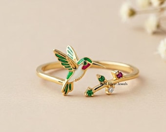 Tiny Hummingbird Silver Ring, Flat Open Cuff Bird Inspired Ring, Cute Dainty Enameled Ring, Emerald & Ruby Diamond Gift, Gold Plated Silver