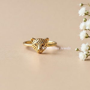 Dainty Leopard Silver Ring, Flat Leopard Lover Animal Inspired Ring, Dainty Cheetah Ring, Leopard Face Men-Woman&#39;s Ring, Gold Plated Silver