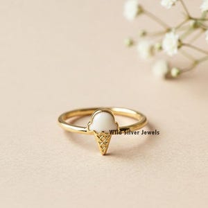 Tiny Ice Cream Cone Silver Ring, Flat Enameled Ice Cream Ring, Cute Dainty Ring, Summer Jewelry, Ice Cream Lover Gift, Gold Plated Silver