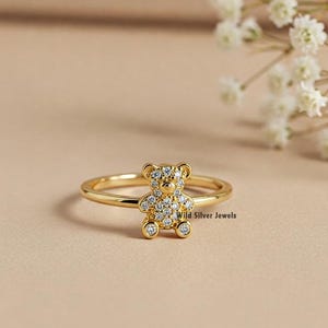 Dainty Teddy Bear Silver Ring,  Teddy Bear Diamond Ring, Round Cut CZ Diamond Ring, Tiny Bear Ring, Pave Bear Lover Gift, Gold Plated Silver