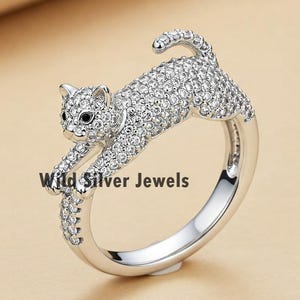 Cute Stretching Cat Silver Ring, Vintage Style Animal Inspired Pave Stone Round Cut Diamond Wedding Ring, Cute Dainty Animal Silver Ring