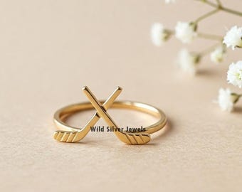Tiny Hockey Sticks Silver Ring, Flat Hockey Sticks Inspired Ring, Cute Dainty Ring, Hockey Ring, Sports Lover Gift, Gold Plated Silver Ring