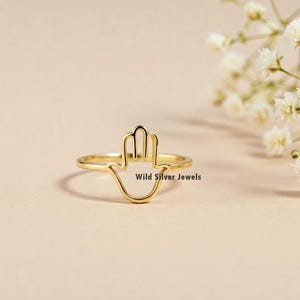 Tiny Hamsa Hand Silver Ring, Flat Hamsa Hand Cutout Ring, Dainty Evil Eye Ring, Spiritual Protection Ring, Minimalist Gold Plated Silver