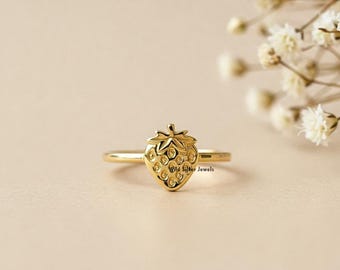 Tiny Strawberry Silver Ring, Flat Fruit Inspired Ring, Cute Berry Fruit Jewelry, Dainty Strawberry Ring, Fruit Lover Ring,Gold Plated Silver