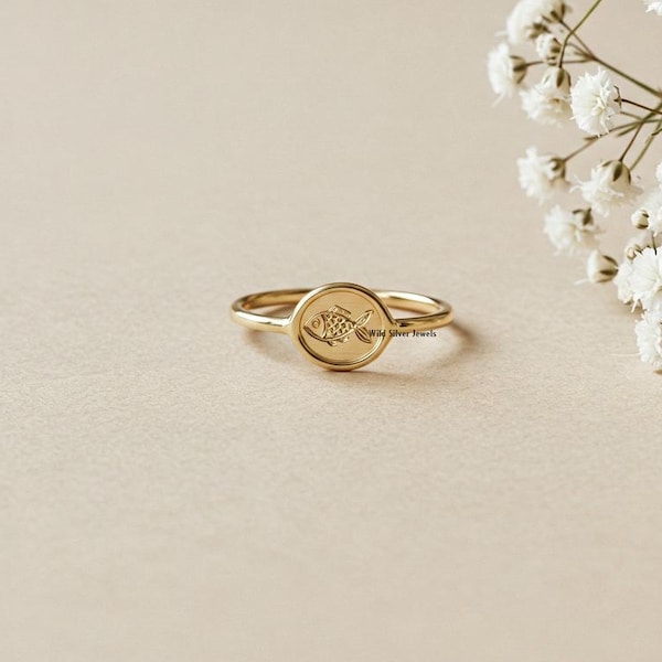 Tiny Fish Wax Seal Signet Silver Ring, Flat Ocean-Inspired Jewelry, Cute Celtic Fish Ring, Designer Cute Fish Ring, Gold Plated Silver Ring