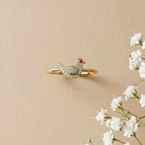 Pigeon Silver Ring, Pigeon Diamond Ring, Ruby Eye Bird Inspired Ring, Round Cut Pave Ring, Rooster Bird Jewelry, Gold Plated Silver Ring