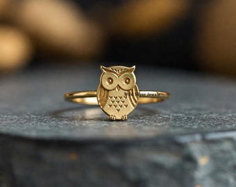 Dainty Owl Silver Ring, Flat Owl Lover Bird Inspired Ring, Cute Dainty Owl Ring, Owl Celtic Ring, Mystic Owl Unisex Gold Plated Silver Ring