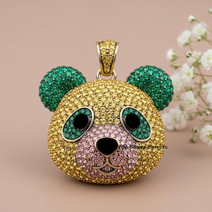 Custom Silver Cartoon Style Pendant, Iced Out Diamond Dangled Pendant, Bear Charm Jewelry, Round Cut Hip Hop Pendant, Gold Plated Silver